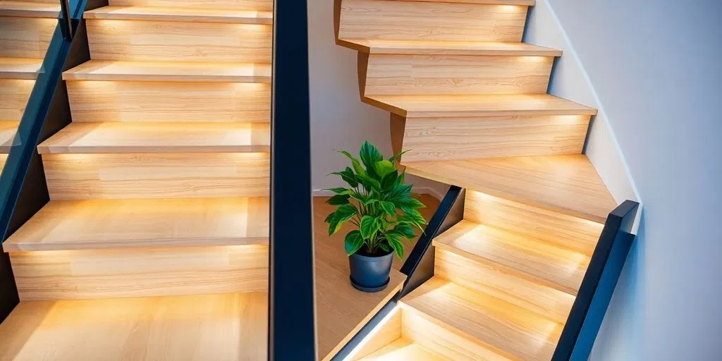 Moderne trap met sfeervolle verlichting en strakke afwerking.