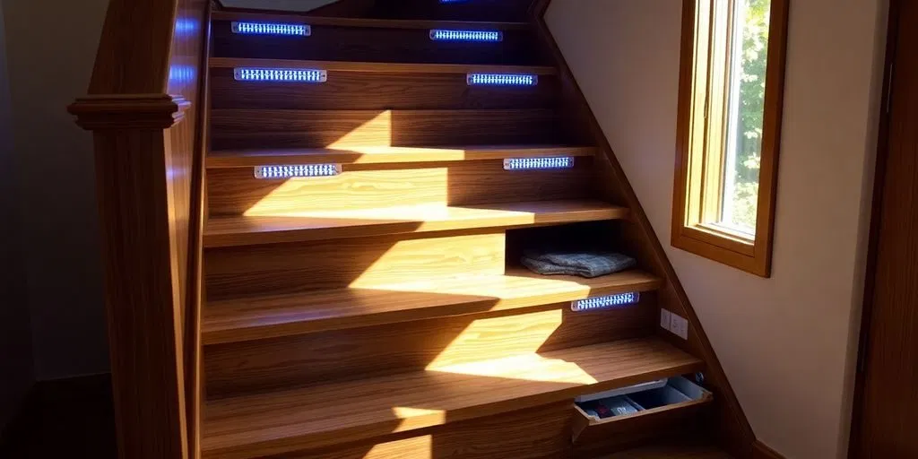 Moderne trap met ingebouwde ledverlichting en opbergruimte.